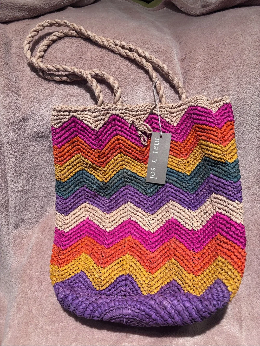 Mar Y Sol Handmade Chevron Raffia Tote Bag NWT – Colorful Rainbow Bag - Picture 3 of 11